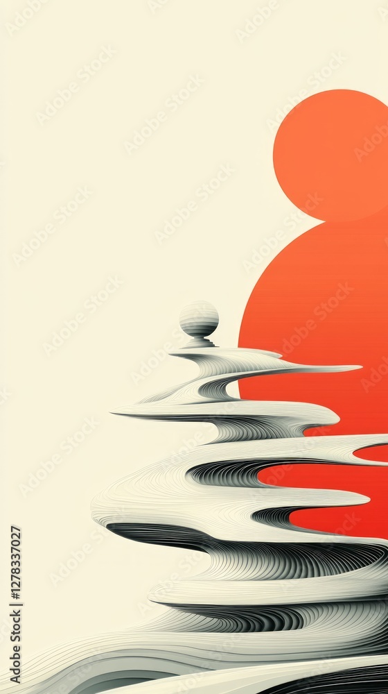 Poster a captivating abstract landscape features flowing layered shapes and a bold sun, creating a harmonio