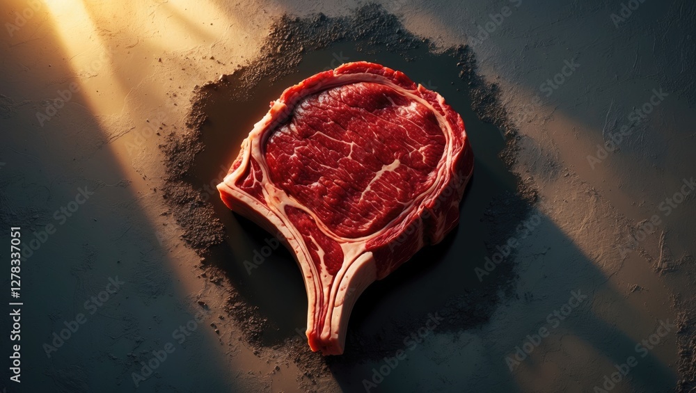 Poster ribeye steak displayed on textured surface with dramatic lighting from above