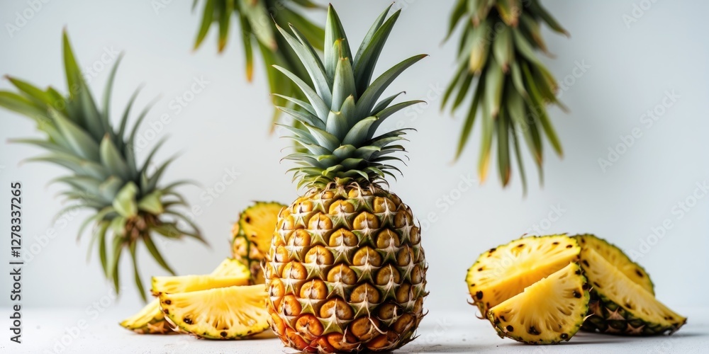Poster fresh ripe pineapple surrounded by sliced segments on a bright background with space for text or des