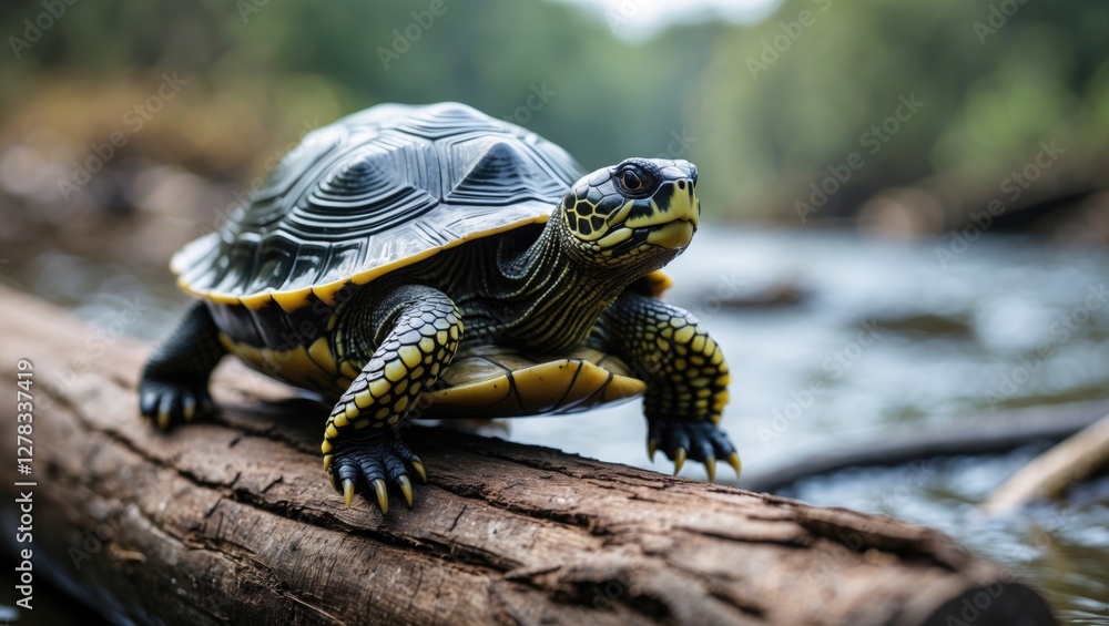 Poster river turtle resting on log near water with soft focus and ample space for text overlay
