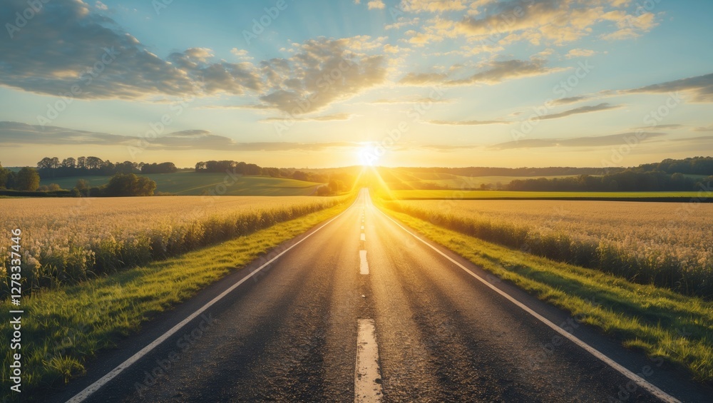 Poster sunlit country road through fields at dawn with clear sky and open space for text or branding