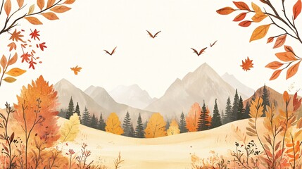 Serene Watercolor Autumn Landscape Framed by Forest and Mountain Ranges