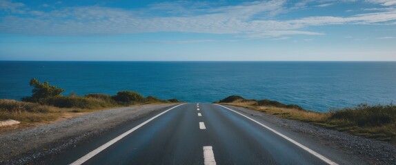 Fototapeta premium Scenic Coastal Road Overlooking Tranquil Blue Ocean Under a Clear Sky