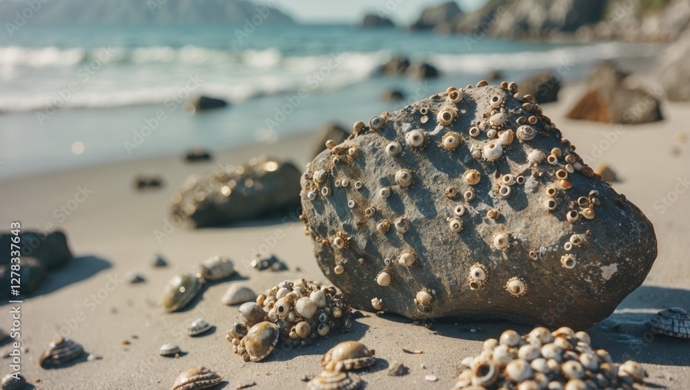 Poster rock with barnacles on sandy beach shoreline with waves and empty space for text or graphics in back
