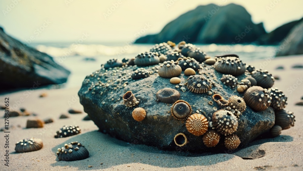 Poster barnacle-covered rock on sandy beach with ocean background and space for text or graphics
