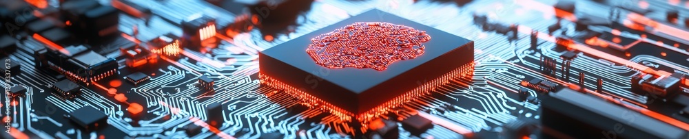 Poster red circuit board with microchip and lights