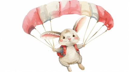 Baby Rabbit in Skydiving Gear - Watercolor Illustration