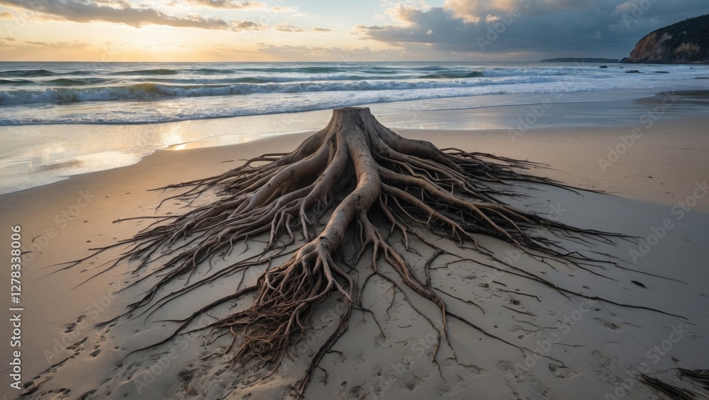 Poster exposed tree roots on a sandy beach at sunset with gentle waves and clouds creating a serene coastal