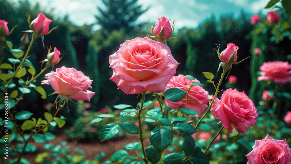 Poster blooming pink roses in a lush garden setting with soft background and blank space for text or graphi