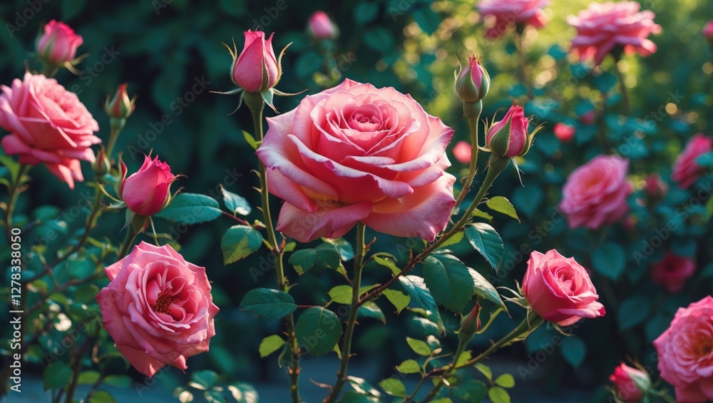 Poster beautiful blooming pink roses in a lush garden with soft focus background and ample space for custom