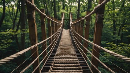 Fototapeta premium Suspended Rope Bridge Surrounded by Lush Green Forests Inviting Adventure and Exploration in Nature's Tranquil Setting