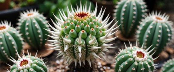 Fototapeta premium Melocactus Salvadorensis Cactus in Spherical Form Showcasing White Thorny Petals with Vibrant Green Body in a Botanical Setting
