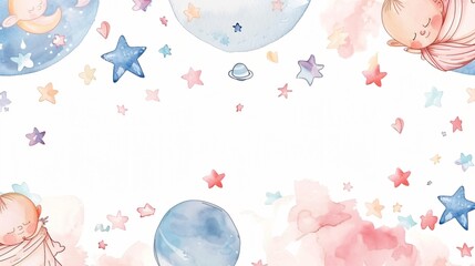 Pink and White Watercolor Baby Space Pattern Illustration