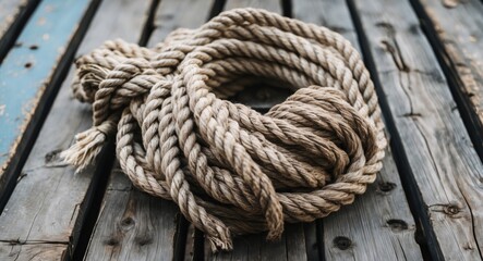 Natural Jute Rope Loosely Coiled On A Weathered Wooden Surface Ideal For Textured Backgrounds And Maritime Themes