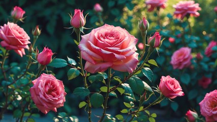 Beautiful blooming pink roses in a lush garden with soft focus background and ample space for customizable text or messages.