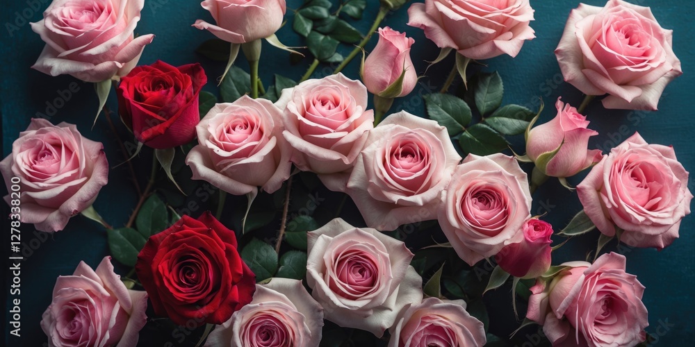 Poster roses in various shades symbolizing love and appreciation with empty space for text invitations and 