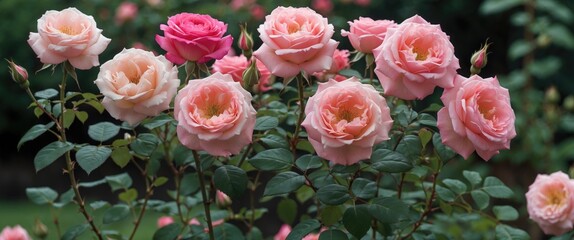 Beautiful Pink Roses in Full Bloom Surrounded by Lush Green Leaves in a Serene Garden Setting