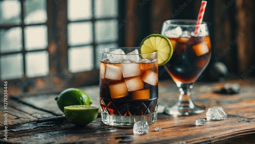 Poster refreshing rum and cola cocktails with ice and lime on rustic wooden table surrounded by fresh limes