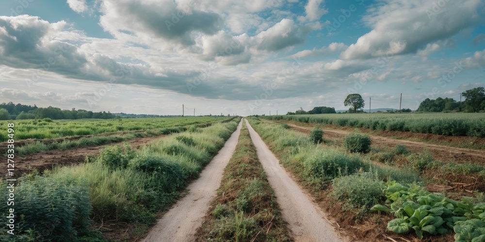 Poster rural pathway through lush green herb fields under expansive sky with clouds and ample copy space fo