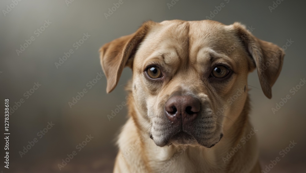 Poster melancholic dog close-up with neutral background and ample space for text and design elements