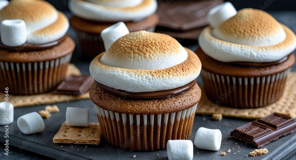 Aufkleber s'mores cupcakes with toasted marshmallow, chocolate filling, graham crackers and empty space for te