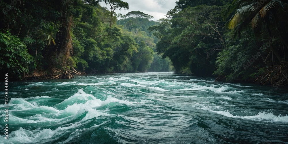Poster rapid flowing river surrounded by lush jungle landscape with open space for text overlay in scenic n