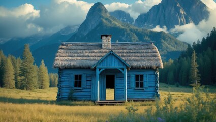 Rustic Blue Wooden Cabin Surrounded By Lush Greenery And Majestic Mountains Under A Cloudy Sky With Space Available For Text Overlay