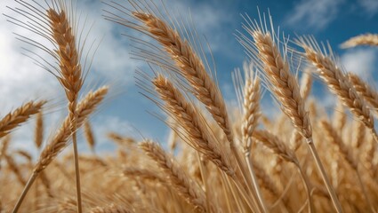 Fototapeta premium Golden Rye Closeup Against a Blue Sky Capturing Nature's Beauty and Agriculture in a Serene Landscape