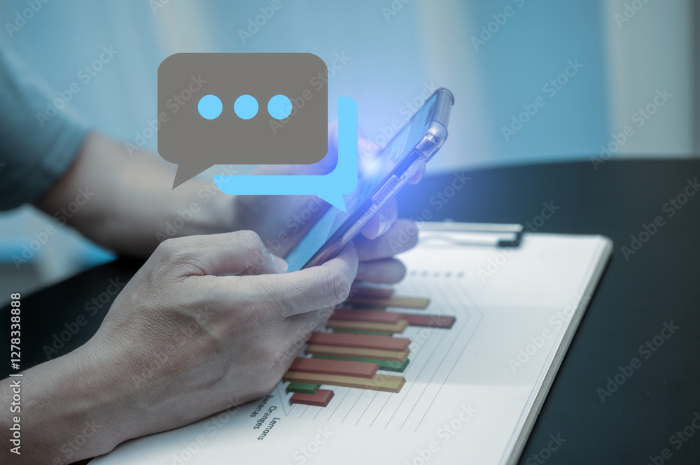 Poster businessman using smartphone analyzing trading graph data user playing social media technology, soci