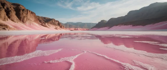 Fototapeten Breathtaking view of a pink salt lagoon reflecting vibrant colors against a mountainous landscape under a clear blue sky © The 2R Artificiality