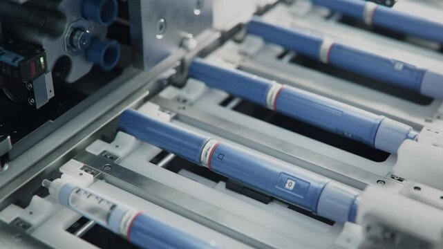 Row of Injection Pens on Conveyor Line during Production Process at Modern Pharmaceutical Factory. Medicinal Drug Production Plant. Weight Loss Medication Manufacturing.
