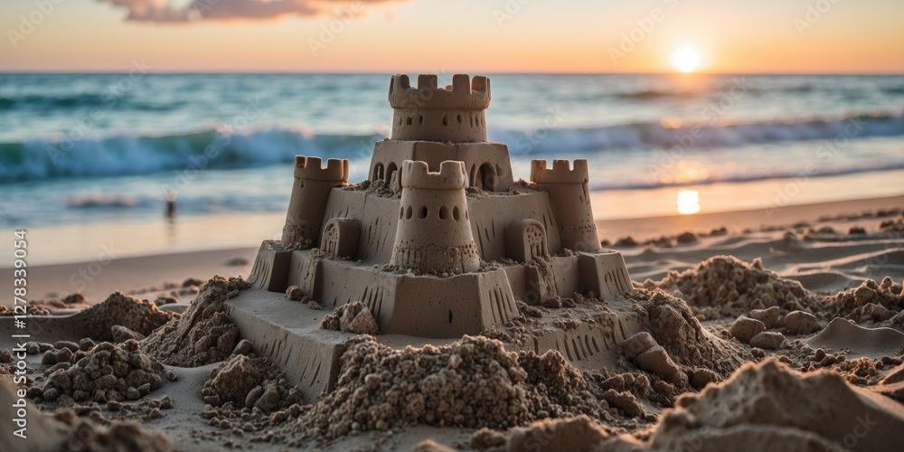 Poster sand castle at sunset on beach creating summer memories with pacific ocean waves in background and e