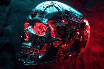 biomechanical skull fusion with circuitry and chrome elements, neon highlights, hyperrealistic detail, dark atmosphere
