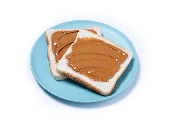 Bread toast with peanut butter cream isolated on white background