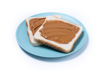 Bread toast with peanut butter cream isolated on white background