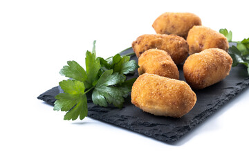 Fried cod croquettes isolated on white background