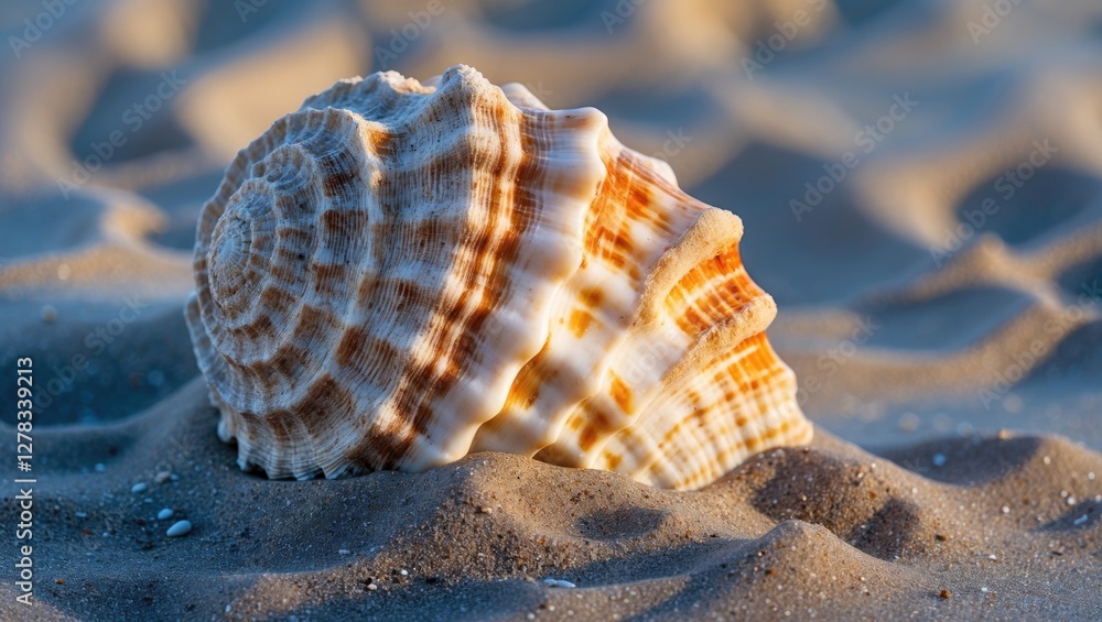 Aufkleber seashell embedded in soft sand on a beach during golden hour reflections and textures in nature