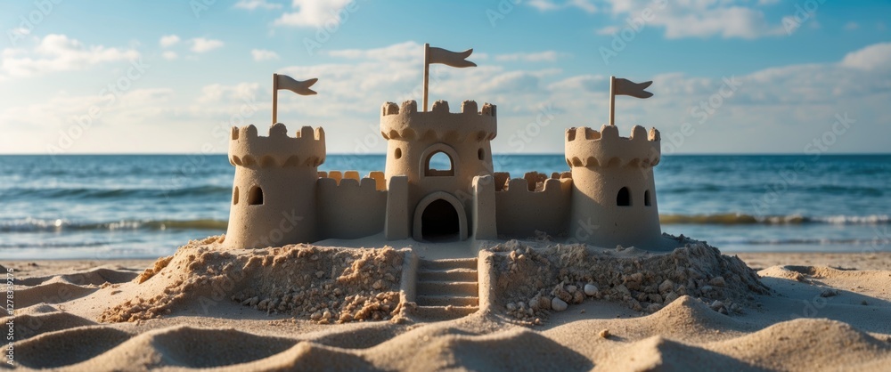 Poster sandcastle on sandy beach with ocean backdrop showcasing playful summer vibes and empty space for yo