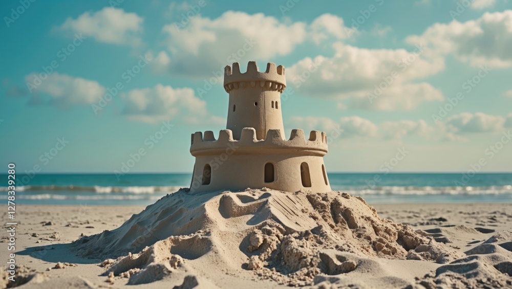 Poster sandcastle on shoreline under clear blue sky with empty space for custom text or message