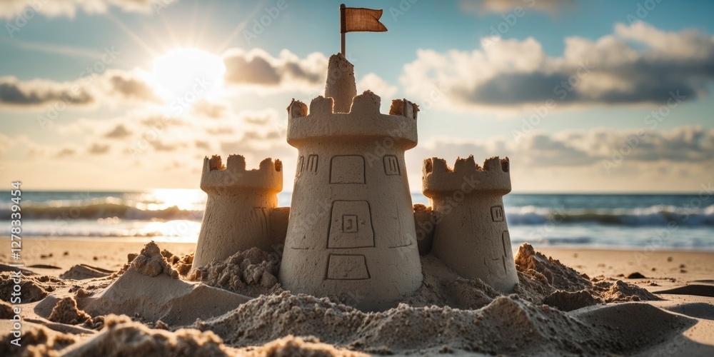 Aufkleber sandcastle under bright sunlight on serene beach with copy space for text and soft ocean waves in ba