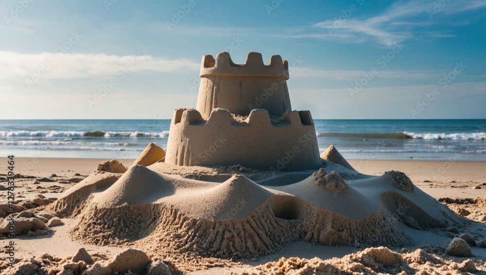 Aufkleber sandcastle on a beach under a clear sky with copy space for text displaying summer relaxation and co