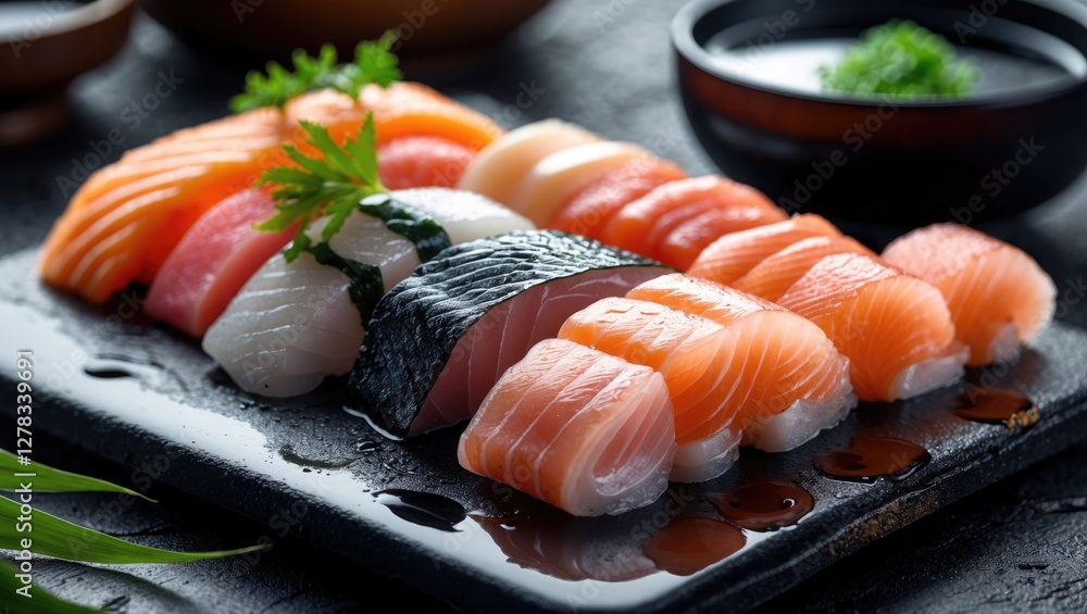 Poster fresh sashimi platter showcasing an array of raw fish delicacies creatively arranged on a rustic sto