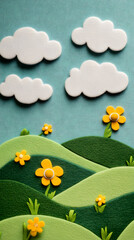 A cute wool felt scene with simple green hills, white clouds, and yellow flowers
