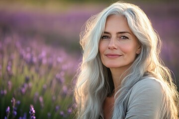 Naklejka premium candid portrait of silver-haired woman in lavender field at golden hour, soft bokeh effect, emotional depth