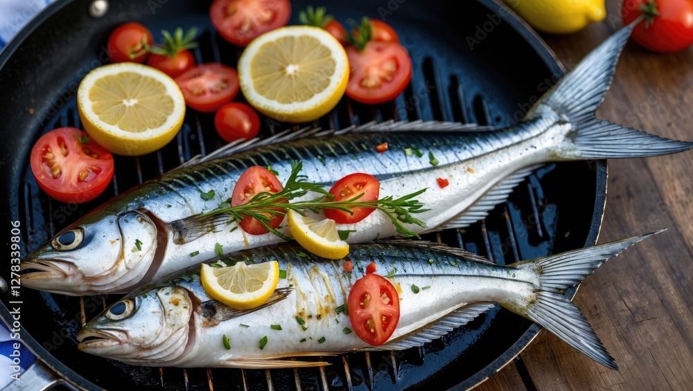 Poster grilled saury fish garnished with lemon and tomato served on a grill pan with fresh herbs and empty 