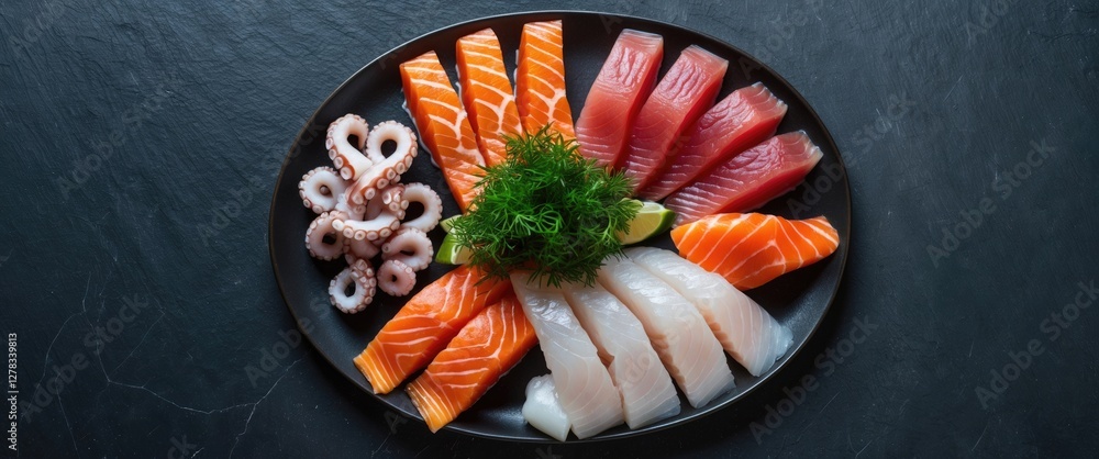 Poster sashimi plate featuring salmon tuna octopus and white fish isolated on slate background with garnish