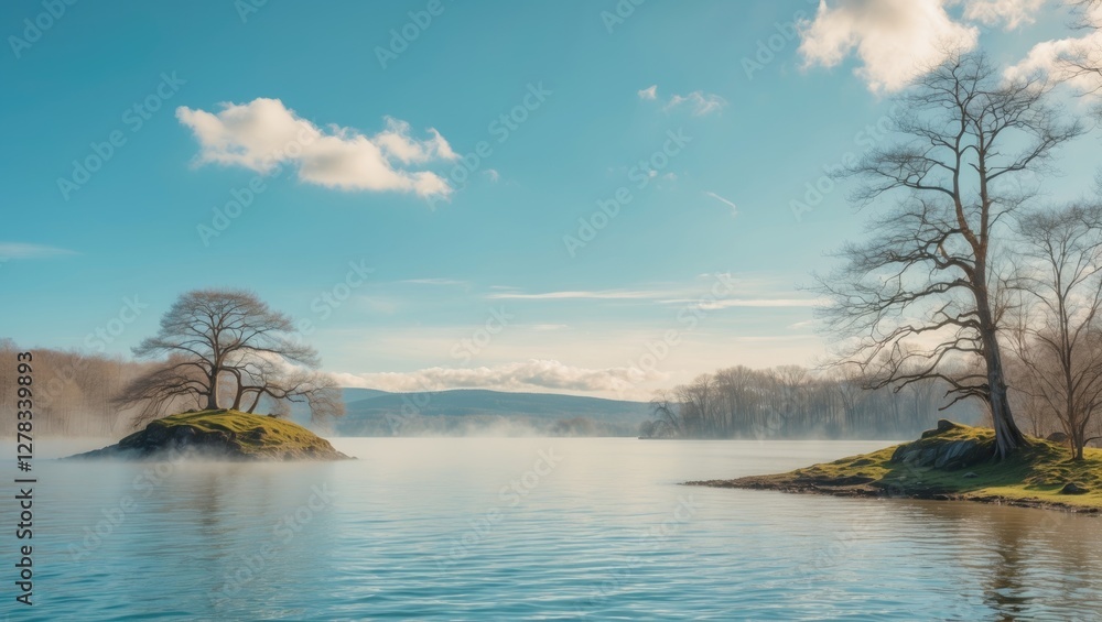 Aufkleber tranquil lake landscape on island under clear blue sky during spring with reflection and empty space