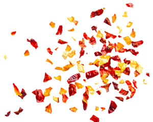 Red and orange chili pepper flakes scattered on a transparent background.  High-resolution image, ideal for food, spice, or culinary themes, PNG