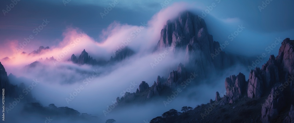 Poster mysterious foggy mountainscape at dawn with soft hues and expansive copy space for text integration