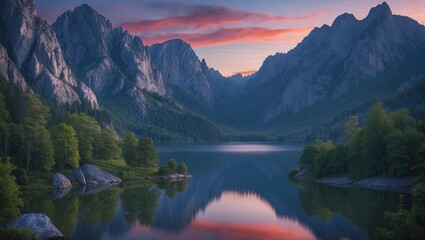 Majestic Twilight Reflection of Rugged Mountains and Serene Lake Framed by Lush Forests in a Peaceful Natural Landscape